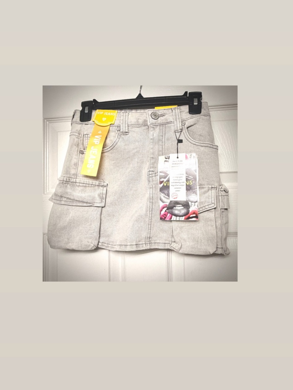 VIP Light Gray Denim Mini Skirt with Branded Yellow Tag